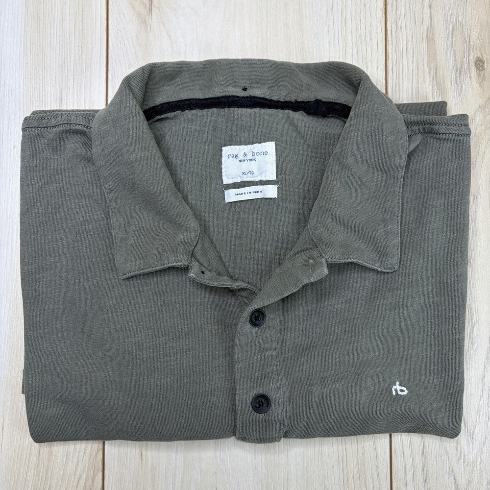 Rag & Bone Slub Jersey Polo Shirt Mens XL Green Cotton Short Sleeve Casual